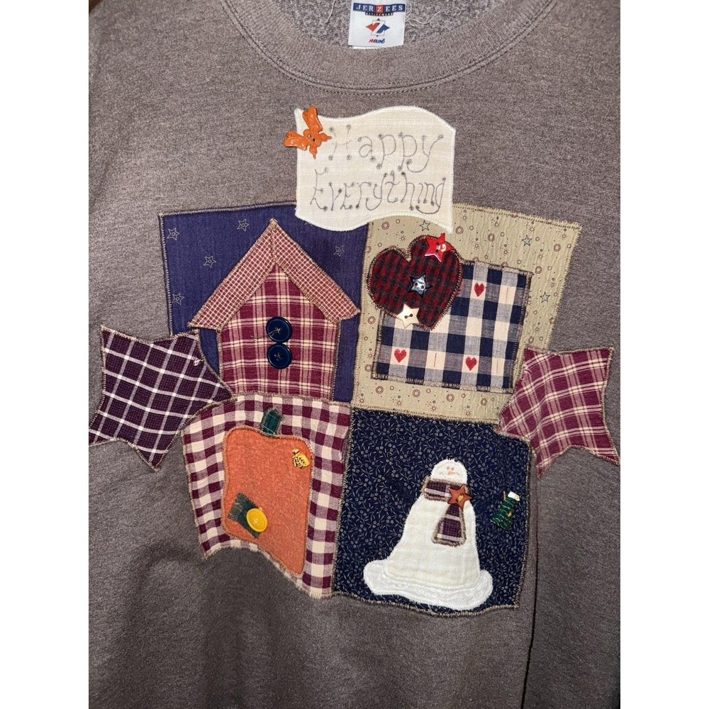 VTG Jerzees Crewneck Sweatshirt XL Patchwork Country‎ Farmhouse Snowman - Picture 2 of 5